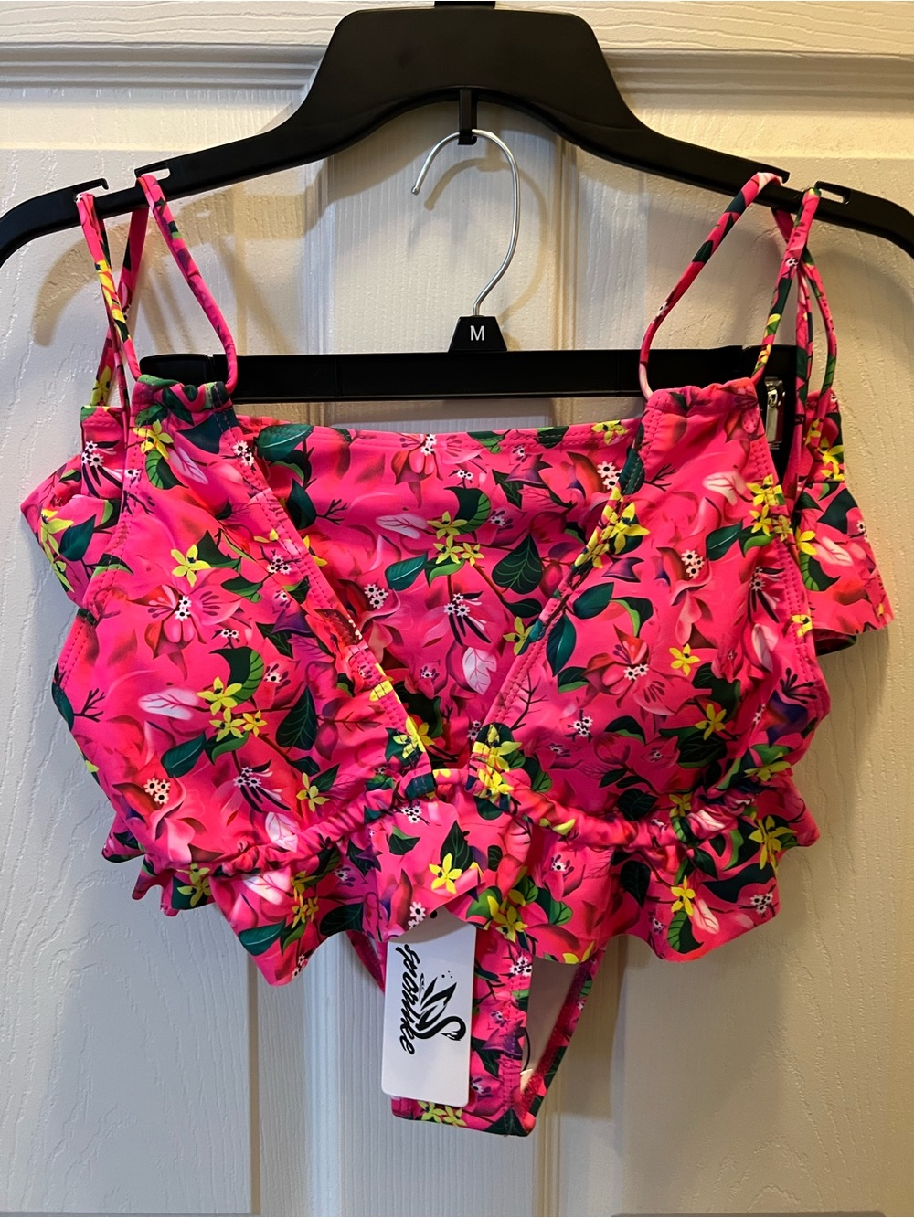 Floral Ruffle Bikini Top and High-Cut Bottoms - Hot Pink